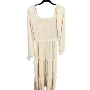 PrettyGarden Cream‎ Swiss Dot Smocked Tiered Maxi Dress Long Sleeve Beige Medium thumbnail 3