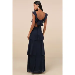 Lulus Elegant Event Navy Ruffled Tie-Back Tiered Maxi Dress Holiday Party Small thumbnail 3
