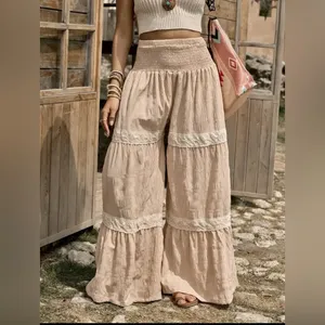 Boutique Boho Chic Crochet Lace Tiered Wide Leg Textured Palazzo Pants Coastal Cowgirl L thumbnail 3