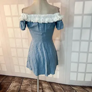 Reformation button down mini denim dress with white fringed off the shoulder nec thumbnail 6