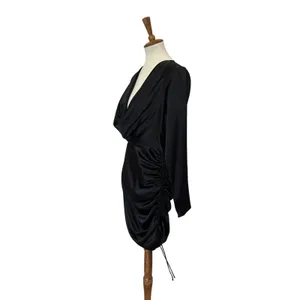 Revolve Black Ruched Mini Dress LARGE Cocktail Cowl Satin More to Come $88 NEW thumbnail 5