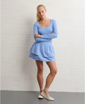NWT American Eagle Scoop Neck Knit Ruffle Mini Dress Very Short Fitting Medium thumbnail 2