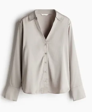 H&M Silky V-Neck Button Down Blouse in Light Taupe thumbnail 1