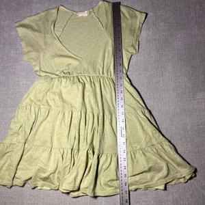 Whimsical Green Tiered‎ Ruffle V Neck Short Sleeve Boho T Shirt Mini Dress XS thumbnail 5