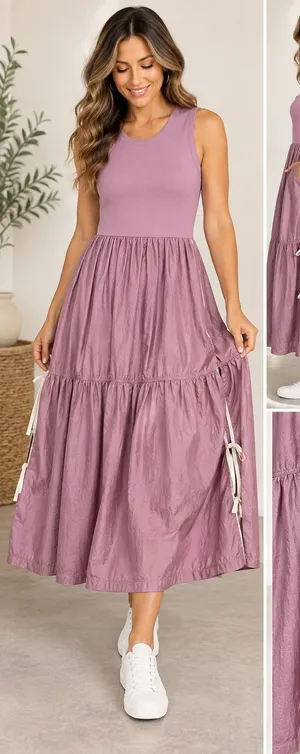 Daily Practice by Anthropologie Mauve Purple Tiered Mixed Media Midi Dress Large thumbnail 1