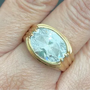 Vintage 18KGERSC Signed Gold-tone Oval CZ Stone Fashion Ring Size 10 thumbnail 3
