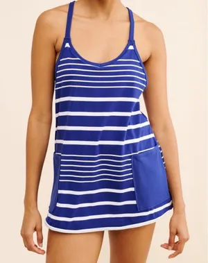 Free People Movement Hot Shot Romper Small Blue Striped Racerback Pocket Coastal thumbnail 1