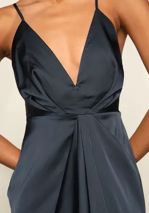 Lulus Navy Blue Satin Ruffled Midi Dress Small thumbnail 3