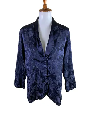 Victoria’s Secret Vintage S Navy Satin Jacquard Floral Pajama Top Button Front thumbnail 2