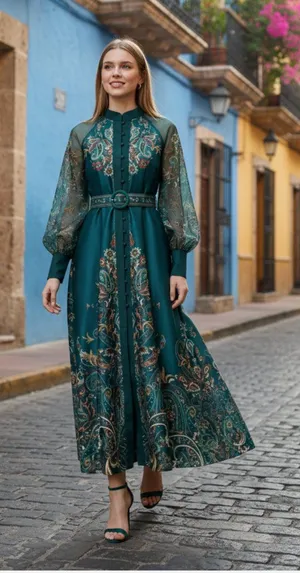 NWT DALIA MACPHEE Long Sleeve Mock Neck Printed Maxi Dress Small Belted Green thumbnail 1