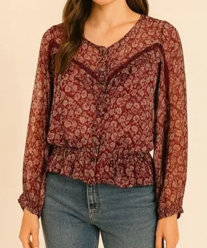 American Eagle Sheer‎ Floral Blouse Large Burgundy Long Sleeve Boho Peasant Top thumbnail 1