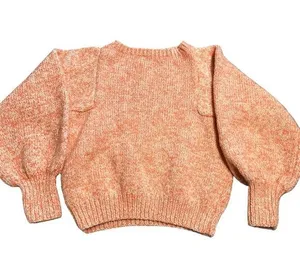 Women's XS handmade orange and cream crew knit sweater with ballon sleeves thumbnail 1