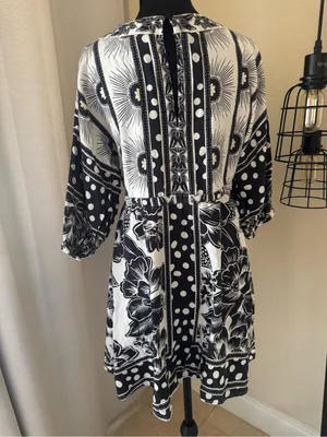 Farm Rio Black White Printed Puff Sleeve Mini Dress Small Boho Floral Resort thumbnail 7