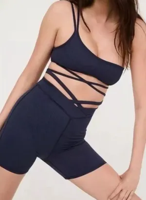 For Love & Lemons Chloe Midnight Blue Waist Strap Ribbed‎ Bike Shorts S thumbnail 1