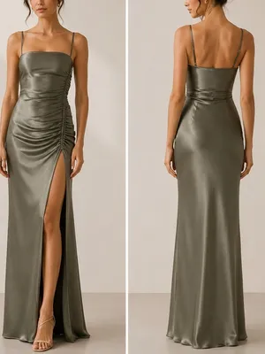 Shona Joy La Lune Olive Satin Ruched High Slit Formal Maxi Dress Gown thumbnail 2