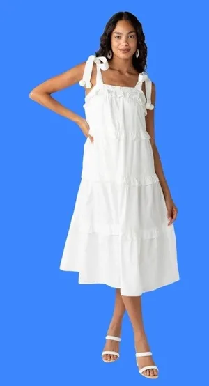 Fab’rik Callie Tiered Midi Dress White Beachy Vacation Size Small thumbnail 1