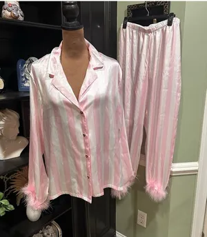 Linea Donatella Pink Stripe Feather‑Trim Pajama Set – Size Large thumbnail 1
