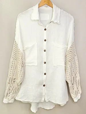 POL Openwork Crochet Lantern Sleeve Cotton Gauze Oversized Button Shirt Jacket thumbnail 5