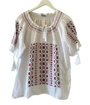Ouwei White Red Black Embroidered Ethnic Festival Blouse SZ XL #2488 thumbnail 1