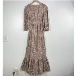 Nations of Peace Paisley‎ Maxi Dress Womens XS Brown Cotton Smocked Boho Tiered thumbnail 3