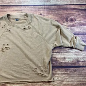Aerie Oversized Beige Distressed Cropped Crewneck Sweater Large Stretch thumbnail 4