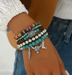 Western Lovely Vibrant Turquoise Stone Beaded Stretch Bracelet Elegant Stackable Brown thumbnail 1