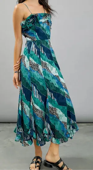 Anthropologie Hutch Ondine Ruffled Maxi Dress Blue Abstract Print Romantic Sz 2 thumbnail 1