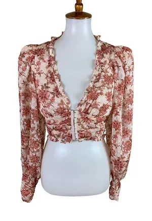 Olivaceous Cream Rust Floral Sheer Corset Crop Top M Long Sleeve Romantic Boho thumbnail 1