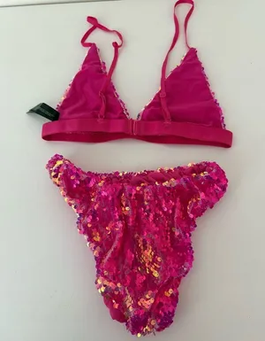 Dolls Kill Pixie Playroom Pink Iridescent Sequin Bikini Set thumbnail 2