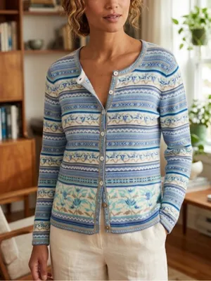 Blue Patterned Knit Cardigan Sweater Size L thumbnail 1