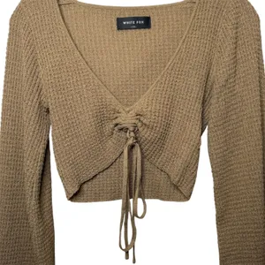 White Fox Brown Ribbed Lace Up Crop Top‎ Balloon Sleeve Size XS Minimalist Basic thumbnail 2