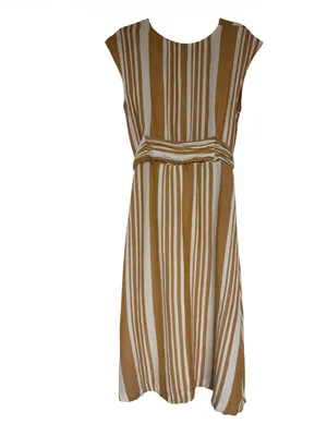 Ann Taylor Camel & White Striped Linen Blend Maxi Dress | Size Large | Belted thumbnail 3