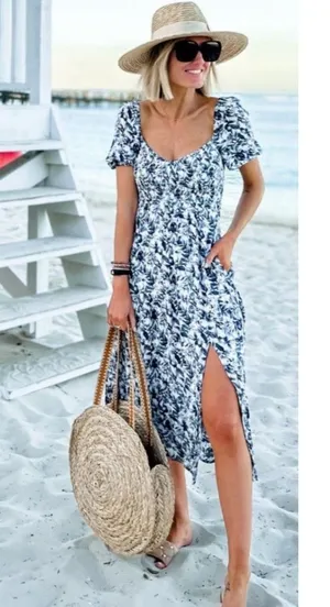 Abercrombie & Fitch Smocked Square Neck Puff Sleeve Midi Dress XS Coastal Beach thumbnail 1