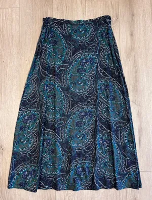 Vintage 90s Rayon Paisley Maxi Skirt Navy Teal‎ Green Floral Herringbone Size 12 thumbnail 1