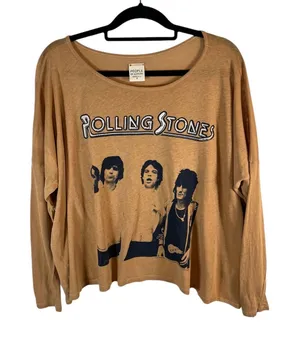 People of Leisure‎ Rolling Stones Graphic Long Sleeve T-Shirt Tan Small Made USA thumbnail 1