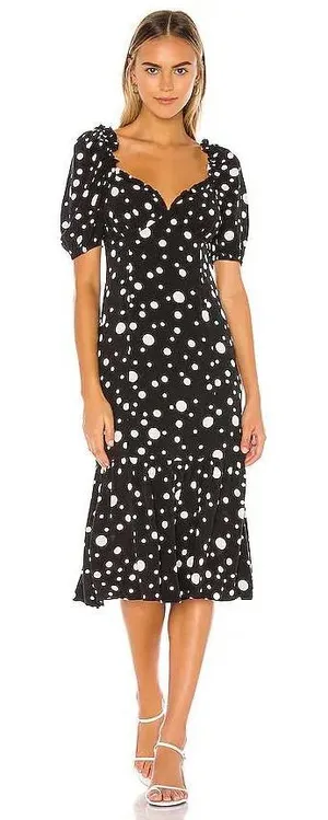 Lovers + Friends Dennis Midi Dress‎ Black White Polka Dot Ruffle XXS Puff Sleeve thumbnail 1