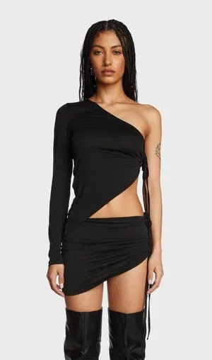 Edikted Dolls Kill Franki Long Sleeve Asymmetric Crop Top Black XL thumbnail 4