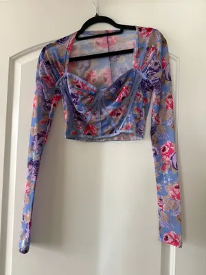 Blue Floral Mesh Long Sleeve Top thumbnail 1