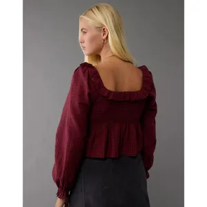 New American Eagle Long-Sleeve‎ Smocked Ruffle Plaid Top Red Gingham Women Small thumbnail 3
