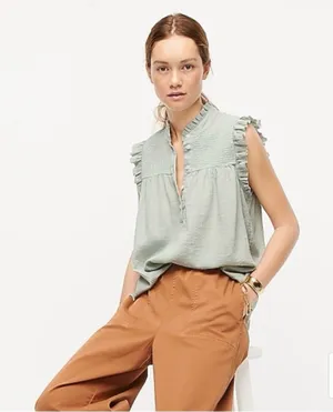 J. Crew Ruffle-Yoke Sleeveless Top in Sage Green thumbnail 1