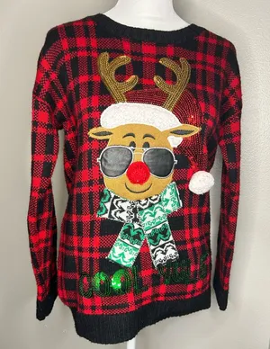 Christmas Red and Black Plaid Reindeer Sweater thumbnail 1