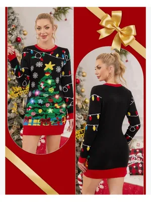 NEW Ugly Christmas Tree Sweater Dress Light Up LED M thumbnail 3