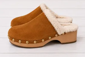 Caslon Cozy Sherpa-Lined Gold Studded Cognac Brown Suede Mule Clog Shoes Size 9 thumbnail 1