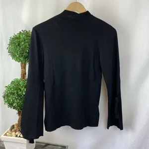 Fate Black Ribbed Knit Long Bell Sleeve Mock Turtleneck Sweater Top L thumbnail 3