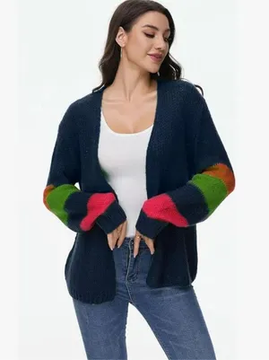 NEW Blue Preppy 80’s Lightweight Sweater Color Block Oversized Cardigan 2X thumbnail 5