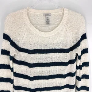 Only Mine Crew Neck Loose Knit Nautical Sweater White with Navy‎ Stripes Medium thumbnail 3