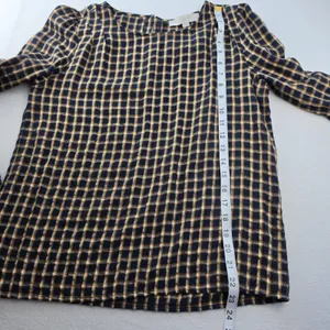 LOFT Navy Blue Mustard Yellow Plaid Long Sleeve Blouse Small‎ thumbnail 9