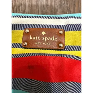Kate Spade New York Striped Canvas‎ Satchel Bag Blue Yellow Red Tan Leather Trim thumbnail 4
