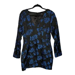 Lulus Elegant Taste Black and Blue‎ Floral Jacquard Mini Dress Size Large New thumbnail 3