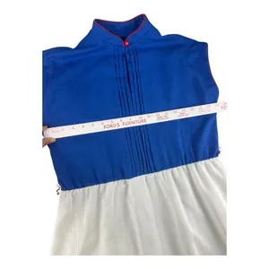 Vintage 70s Malouf Blue White Slub Texture Pleated Midi Dress Red Trim Size 14 thumbnail 6